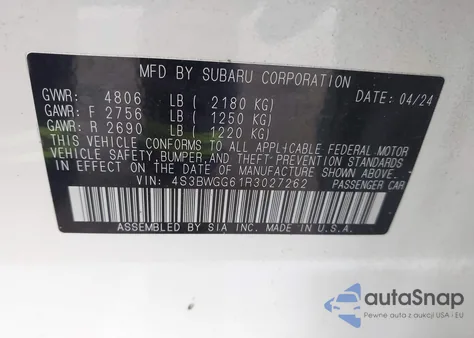 2024 Subaru Legacy Sport from USA, damaged, VIN 4S3BWGG61R3027262